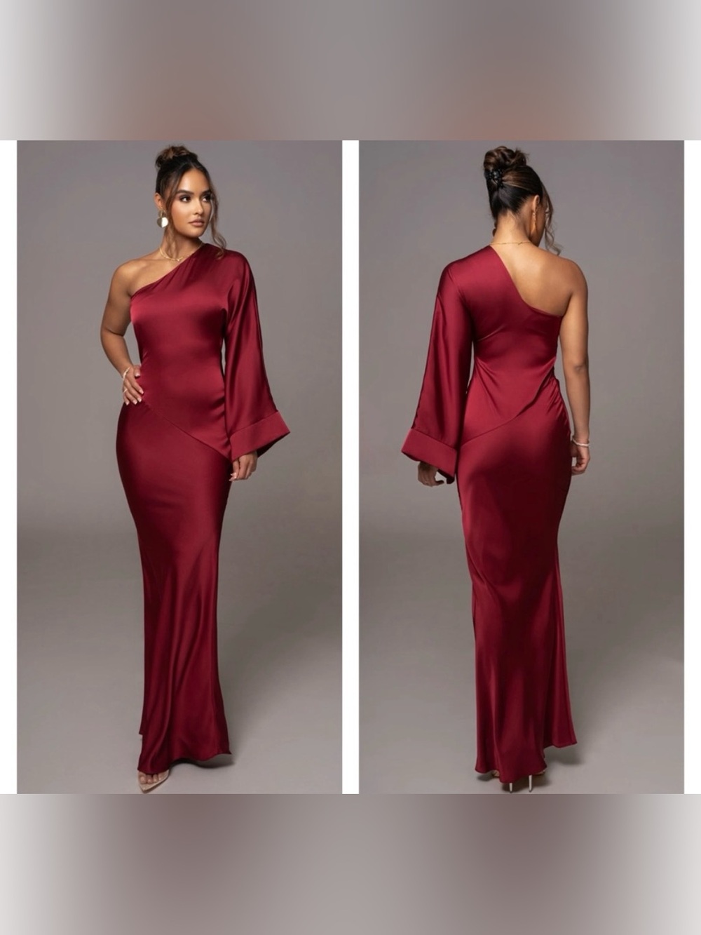 Jluxlabel Red Femme Drape Maxi One Shoulder Bell Sleeve Dress